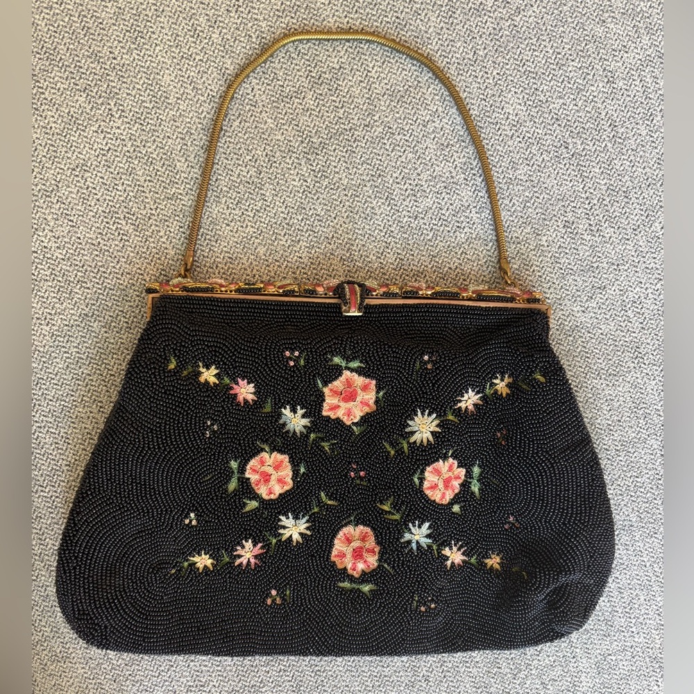 Antique handmade Micro glass beaded mosaic brass flower Purse handbag